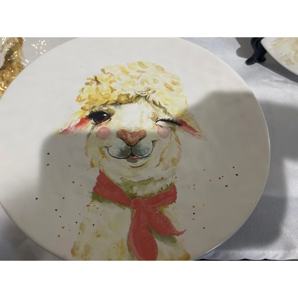 Pier 1 Imports Alpaca Llama Earthenware Plates Set of 4 Watercolor Art 8.5